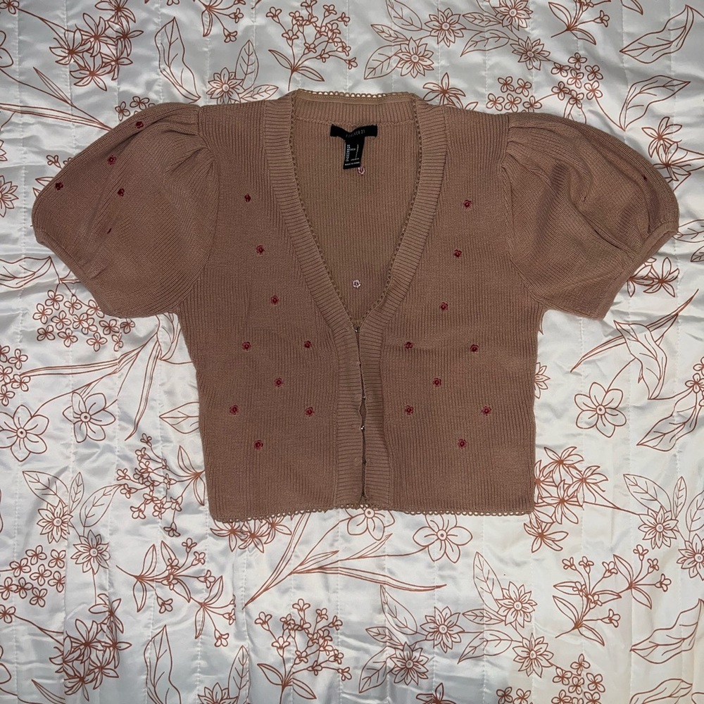 Elegant Puff Sleeve Cardigan in Light Mauve